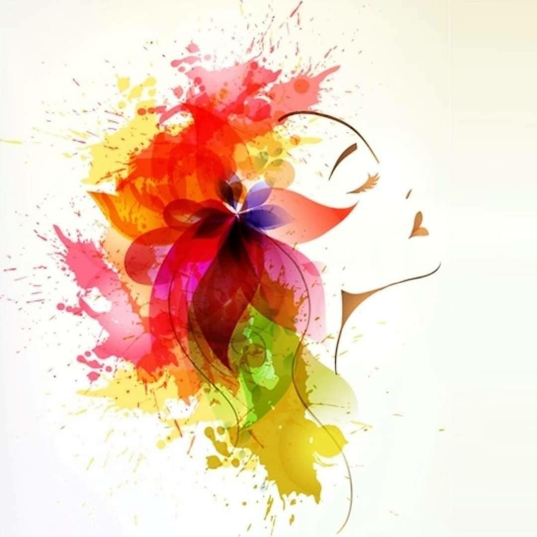 Logo Myst Hair : profil de femme en éclaboussures aquarelle colorées