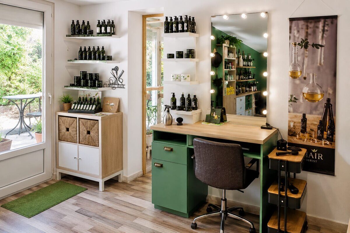 Poste de coiffage du salon Myst Hair avec son miroir cerné d'ampoules