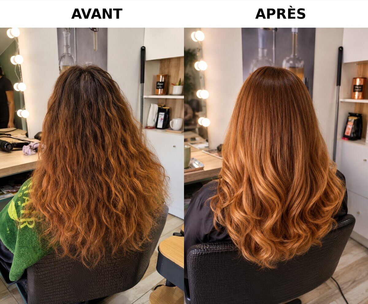 Avant / après une coloration végétale chez Myst Hair : cheveux ternes devenus cuivrés et brillants